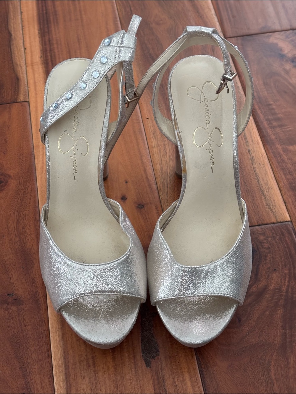 Gold Sparkly Platform Heels with Rhinestone Straps